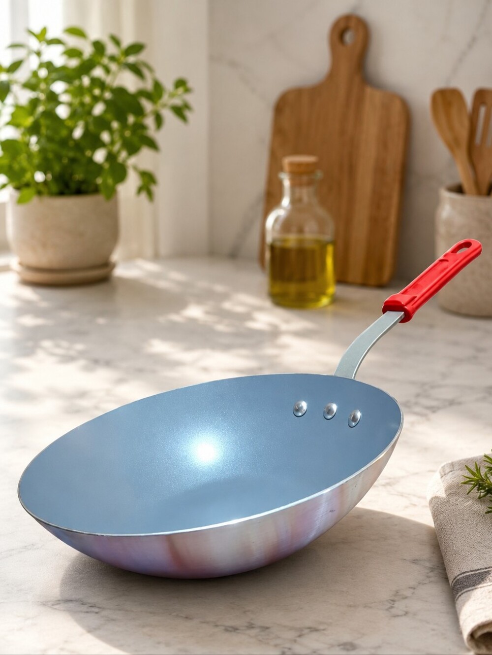 Tivoli Gray Nonstick Wok w/ Frying Pan Red Handle – Lightweight Stir Fry Pan